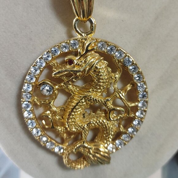 Gold Chinese Dragon Year Pendant Necklace Gold Tone Rhinestones 22 inch Chain - Picture 6 of 14
